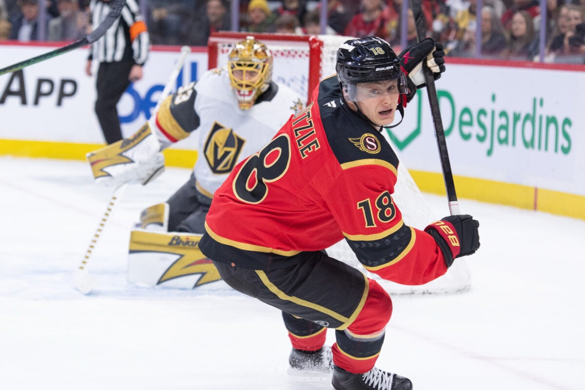 Jan 25, 2026; Ottawa, Ontario, CAN; Ottawa Senators center Tim Stutzle (18) follows the puck in the first period against the Vegas Golden Knights at the Canadian Tire Centre. Mandatory Credit: Marc DesRosiers-IMAGN Images