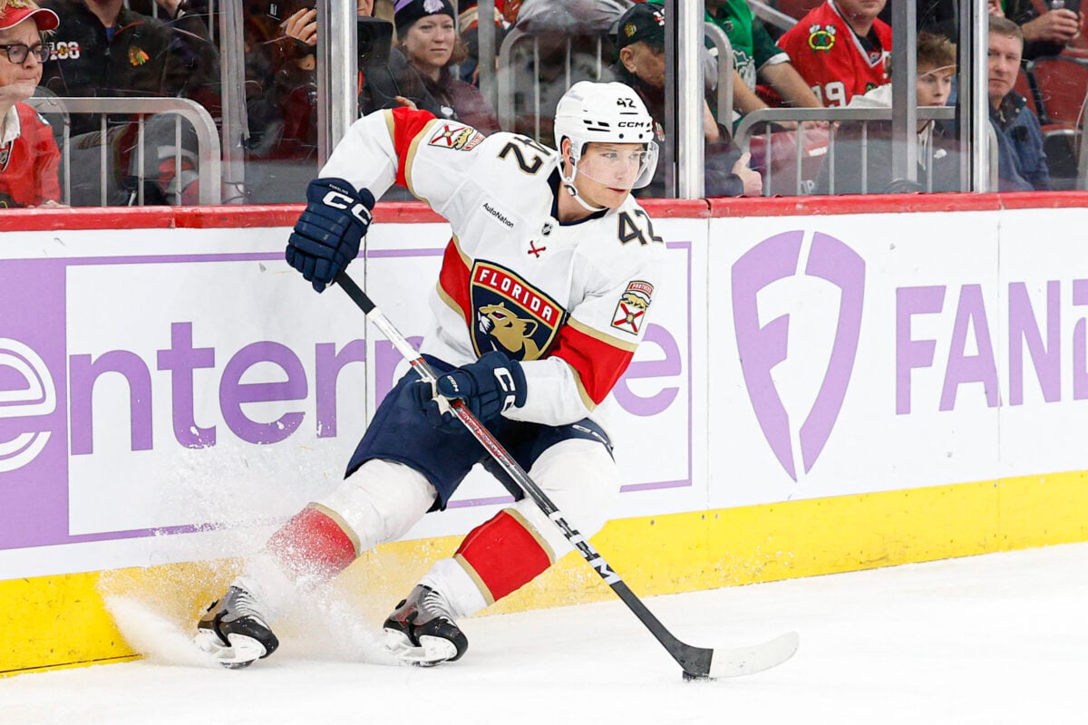 Jan 25, 2026; Chicago, Illinois, USA; Florida Panthers defenseman Gustav Forsling (42) looks to pass the puck against the Chicago Blackhawks during the first period at United Center. Mandatory Credit: Kamil Krzaczynski-Imagn Images