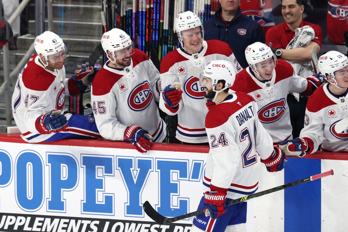 Feb 4, 2026; Winnipeg, Manitoba, CAN; Montreal Canadiens center Phillip Danault (24) celebrates a goal against the Winnipeg Jets in the third period at Canada Life Centre. Mandatory Credit: James Carey Lauder-Imagn Images