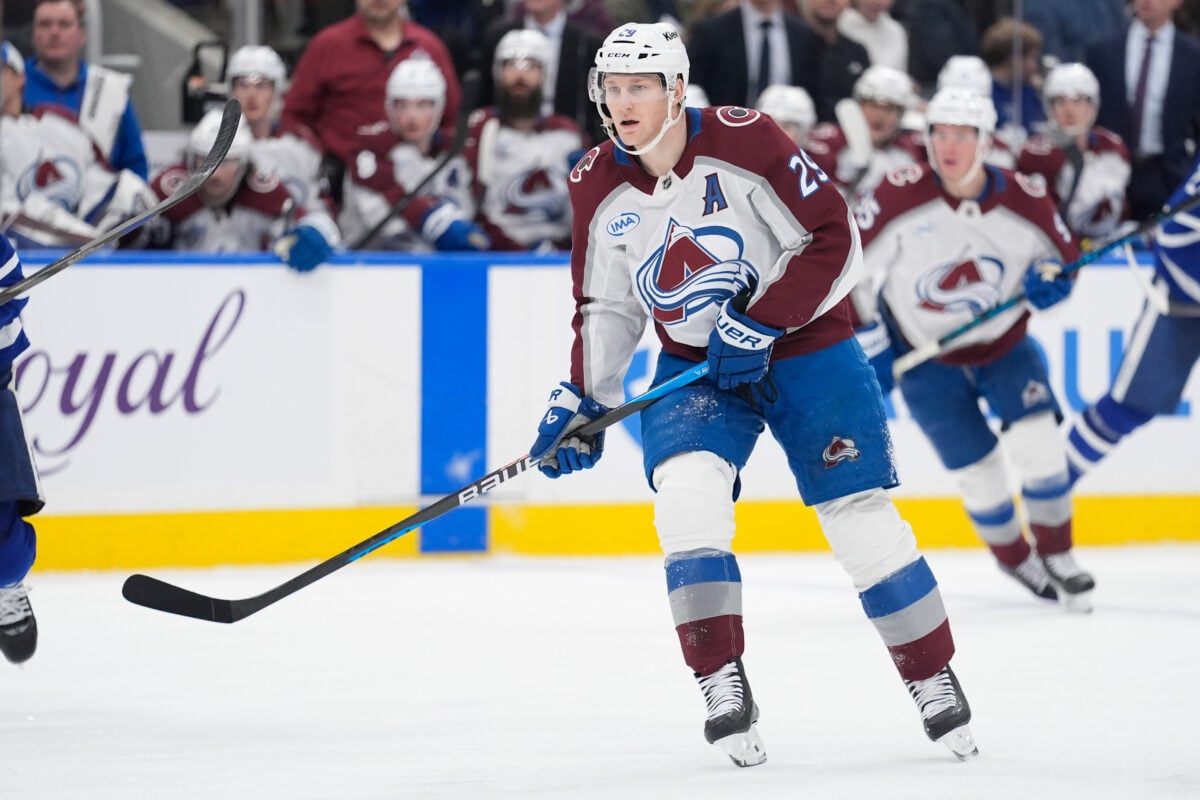 Jan 25, 2026; Toronto, Ontario, CAN; Colorado Avalanche forward Nathan MacKinnon (29) skates against the Toronto Maple Leafs at Scotiabank Arena. Mandatory Credit: John E. Sokolowski-Imagn Images