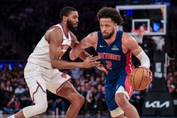 Feb 19, 2026; New York, New York, USA; Detroit Pistons guard Cade Cunningham (2) is guarded by New York Knicks guard Mikal Bridges (25) during the second half at Madison Square Garden. Mandatory Credit: Vincent Carchietta-Imagn Images