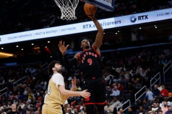 Feb 28, 2026; Washington, District of Columbia, USA; Toronto Raptors forward RJ Barrett (9) shoots the ball as Washington Wizards forward Tristan Vukcevic (00) defends in the second half at Capital One Arena. Mandatory Credit: Geoff Burke-Imagn Images
