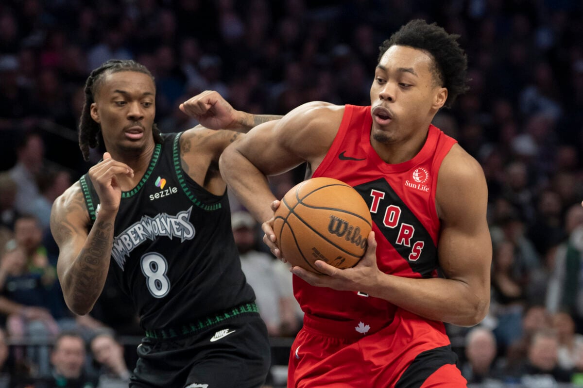 Mar 5, 2026; Minneapolis, Minnesota, USA; Toronto Raptors forward Scottie Barnes (4) drives to the basket past Minnesota Timberwolves guard Bones Hyland (8) in the second half at Target Center. Mandatory Credit: Jesse Johnson-Imagn Images
