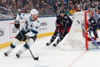 Mar 7, 2026; Columbus, Ohio, USA; Utah Mammoth left wing Lawson Crouse (67) looks to pass as Columbus Blue Jackets left wing Miles Wood (11) trails the play during the first period at Nationwide Arena. Mandatory Credit: Russell LaBounty-Imagn Images