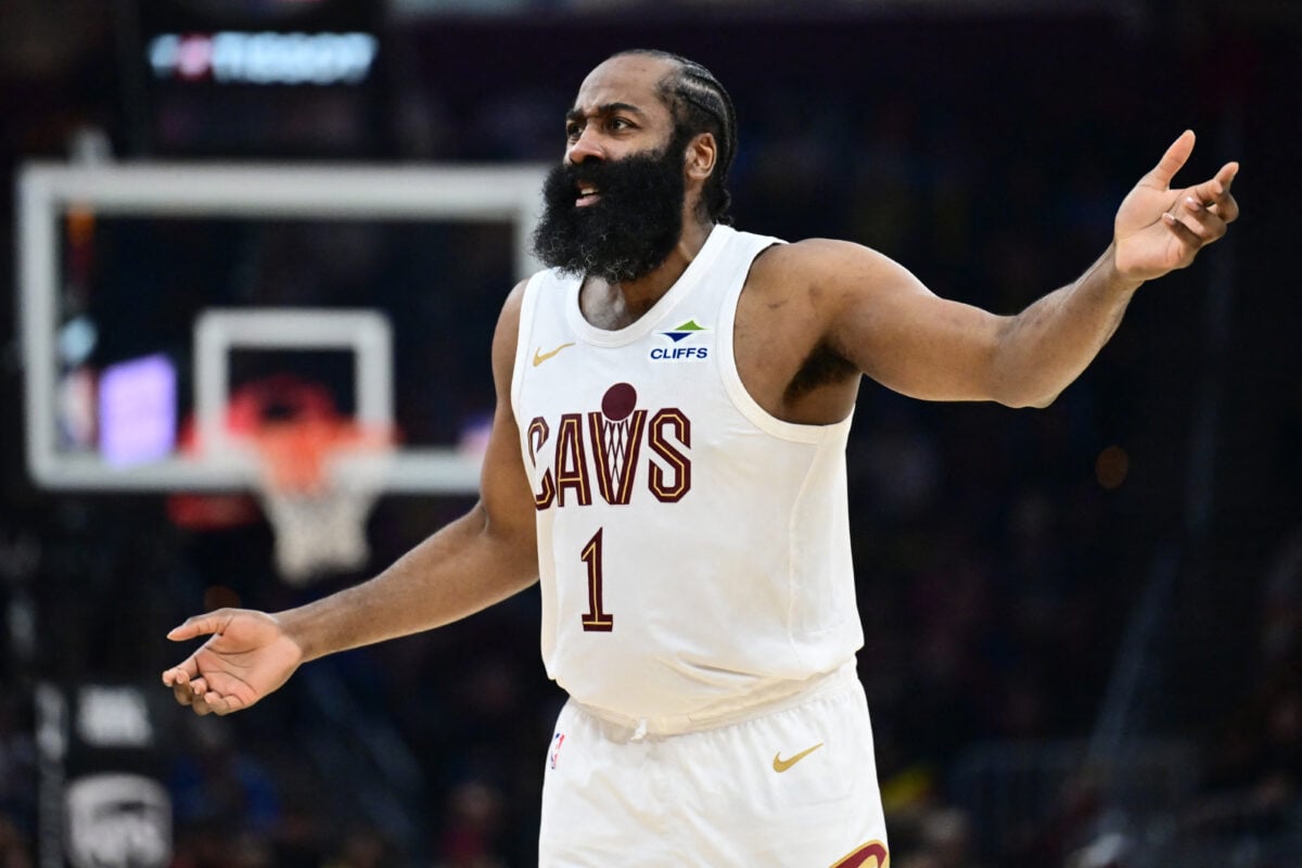Mar 9, 2026; Cleveland, Ohio, USA; Cleveland Cavaliers guard James Harden (1) reacts after a play during the second half against the Philadelphia 76ers at Rocket Arena. Mandatory Credit: Ken Blaze-Imagn Images