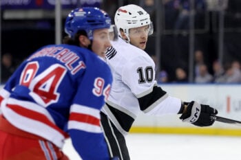 Mar 16, 2026; New York, New York, USA; Los Angeles Kings left wing Artemi Panarin (10) follows through on a shot against New York Rangers right wing Gabe Perreault (94) during the first period at Madison Square Garden. Mandatory Credit: Brad Penner-Imagn Images