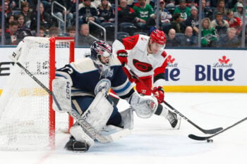 Mar 17, 2026; Columbus, Ohio, USA; Carolina Hurricanes left wing Taylor Hall (71) reaches for the rebound of a Columbus Blue Jackets goalie Jet Greaves (73) save during the third period at Nationwide Arena. Mandatory Credit: Russell LaBounty-Imagn Images