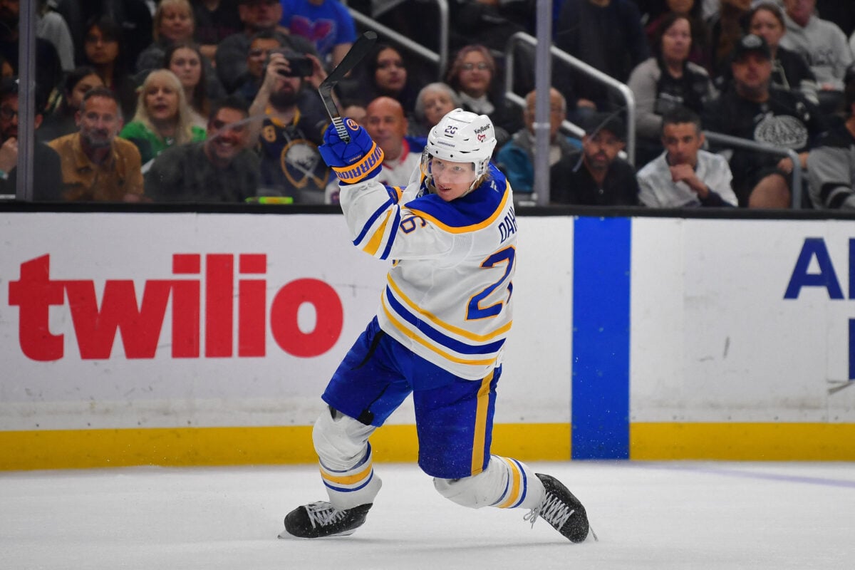 Mar 21, 2026; Los Angeles, California, USA; Buffalo Sabres defenseman Rasmus Dahlin (26) shoots on goal against the Los Angeles Kings during the third period at Crypto.com Arena. Mandatory Credit: Gary A. Vasquez-Imagn Images