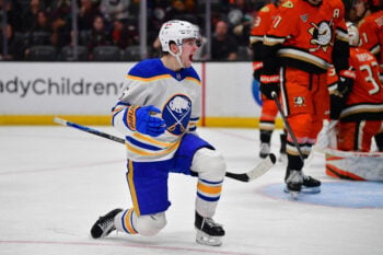Mar 22, 2026; Anaheim, California, USA; Buffalo Sabres left wing Zach Benson (6) celebrates his goal scored against the Ahaheim Ducks during the third period at Honda Center. Mandatory Credit: Gary A. Vasquez-Imagn Images