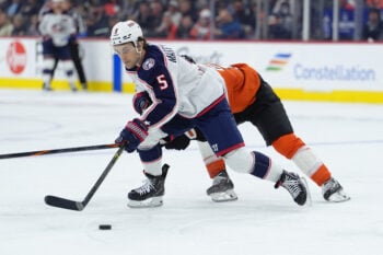 Mar 24, 2026; Philadelphia, Pennsylvania, USA; Columbus Blue Jackets defenseman Denton Mateychuk (5) controls the puck against the Philadelphia Flyers in the third period at Xfinity Mobile Arena. Mandatory Credit: Kyle Ross-Imagn Images