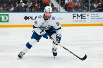 Mar 19, 2026; Vancouver, British Columbia, CAN; Tampa Bay Lightning forward Brandon Hagel (38) skates against the Vancouver Canucks in the third period at Rogers Arena. Mandatory Credit: Bob Frid-Imagn Images