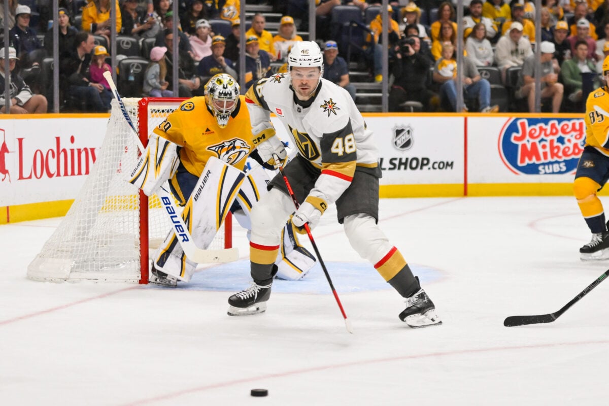 Mar 21, 2026; Nashville, Tennessee, USA;  Vegas Golden Knights center Tomas Hertl (48) skates with the puck against the Nashville Predators during the third period at Bridgestone Arena. Mandatory Credit: Steve Roberts-Imagn Images