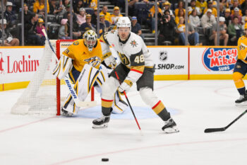 Mar 21, 2026; Nashville, Tennessee, USA;  Vegas Golden Knights center Tomas Hertl (48) skates with the puck against the Nashville Predators during the third period at Bridgestone Arena. Mandatory Credit: Steve Roberts-Imagn Images