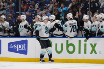 Mar 26, 2026; Tampa, Florida, USA; Seattle Kraken team reacts during a game against Tampa Bay Lightning at Benchmark International Arena. Mandatory Credit: Pablo Robles-Imagn Images