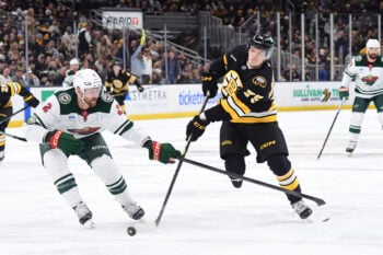 Mar 28, 2026; Boston, Massachusetts, USA; Boston Bruins forward Lukas Reichel shoots the puck while Minnesota Wild defenseman Jeff Petry (2) defends during the third period at TD Garden. Mandatory Credit: Bob DeChiara-Imagn Images