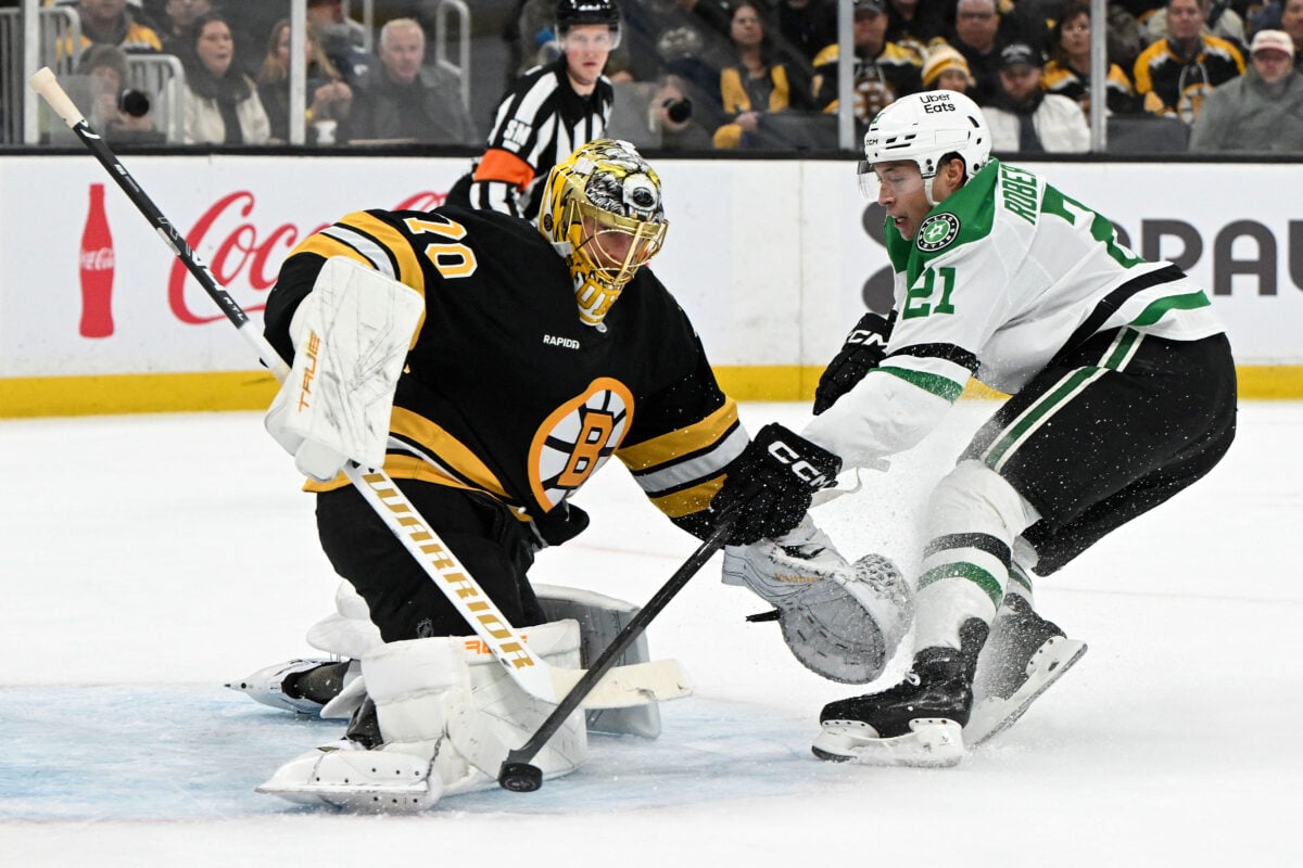 Mar 31, 2026; Boston, Massachusetts, USA; Boston Bruins goaltender Joonas Korpisalo (70) makes a save on a shot by Dallas Stars left wing Jason Robertson (21) during the second period at the TD Garden. Mandatory Credit: Brian Fluharty-Imagn Images