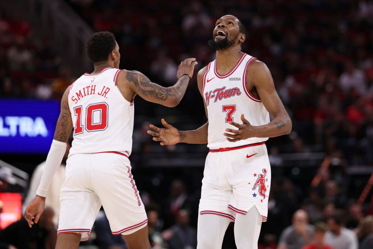 Apr 1, 2026; Houston, Texas, USA; Houston Rockets forward Kevin Durant (7) reacts after scoring a basket during the third quarter against the Milwaukee Bucks at Toyota Center. Mandatory Credit: Troy Taormina-Imagn Images