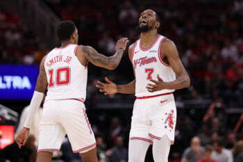Apr 1, 2026; Houston, Texas, USA; Houston Rockets forward Kevin Durant (7) reacts after scoring a basket during the third quarter against the Milwaukee Bucks at Toyota Center. Mandatory Credit: Troy Taormina-Imagn Images