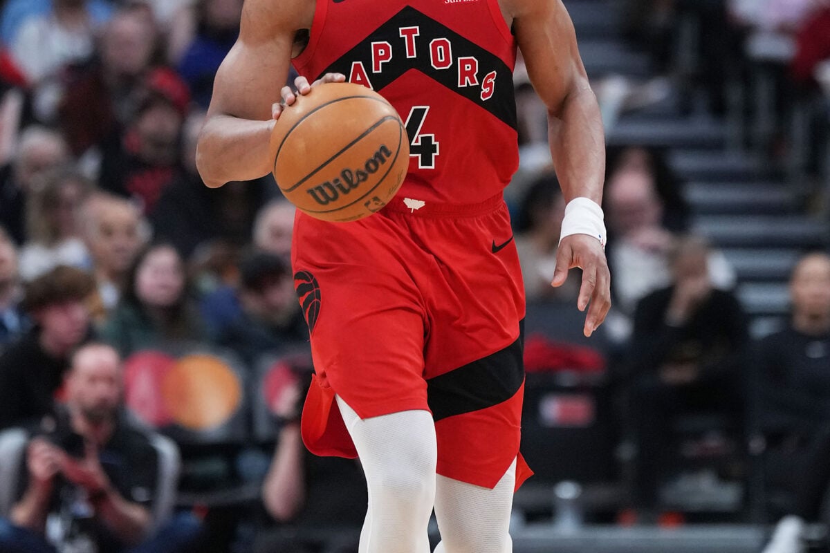 Mar 29, 2026; Toronto, Ontario, CAN; Toronto Raptors forward Scottie Barnes (4) dribbles the ball up court against the Orlando Magic during the third quarter at Scotiabank Arena. Mandatory Credit: Nick Turchiaro-Imagn Images