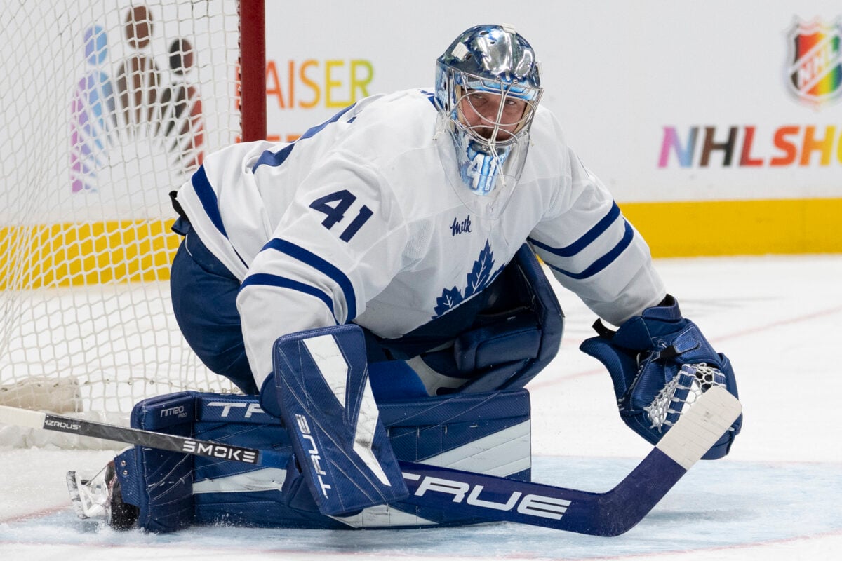 Apr 2, 2026; San Jose, California, USA;  Toronto Maple Leafs goaltender Anthony Stolarz (41) defends the goal during the second period against the San Jose Sharks at SAP Center at San Jose. Mandatory Credit: Stan Szeto-Imagn Images