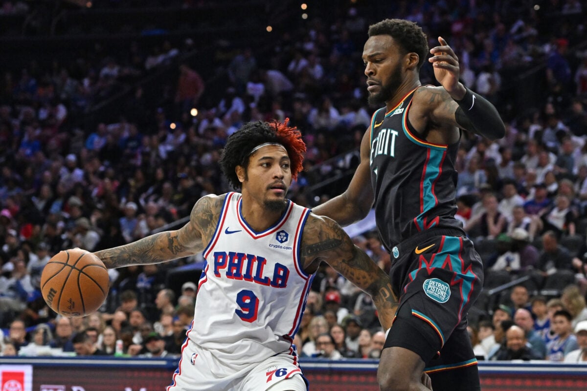 Apr 4, 2026; Philadelphia, Pennsylvania, USA; Philadelphia 76ers guard Kelly Oubre Jr. (9) is defended by Detroit Pistons forward Paul Reed (7) during the second half at Xfinity Mobile Arena. Mandatory Credit: Eric Hartline-Imagn Images