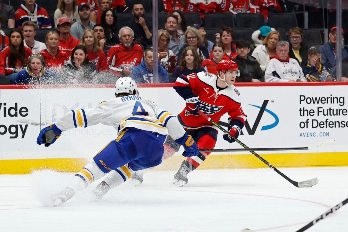Apr 4, 2026; Washington, District of Columbia, USA; Washington Capitals right wing Anthony Beauvillier (72) skates with the puck as Buffalo Sabres defenseman Bowen Byram (4) defends during the third period at Capital One Arena. Mandatory Credit: Geoff Burke-Imagn Images