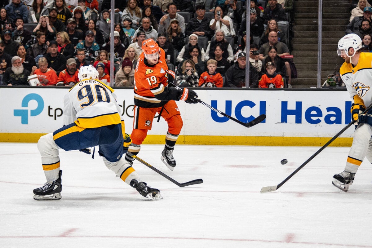 Apr 4, 2026; Anaheim, California, USA; Anaheim Ducks right wing Troy Terry (19) takes a shot on goal during the second period against the Nashville Predators at Honda Center. Mandatory Credit: Corinne Votaw-Imagn Images