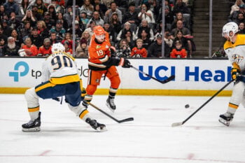 Apr 4, 2026; Anaheim, California, USA;  Anaheim Ducks right wing Troy Terry (19) takes a shot on goal during the second period against the Nashville Predators at Honda Center. Mandatory Credit: Corinne Votaw-Imagn Images