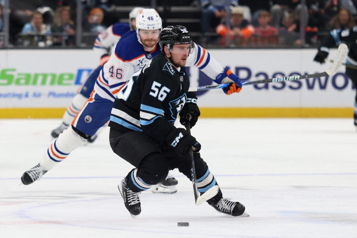 Apr 7, 2026; Salt Lake City, Utah, USA; Utah Mammoth right wing Kailer Yamamoto (56) skates with the puck against the Edmonton Oilers during the third period at Delta Center. Mandatory Credit: Rob Gray-Imagn Images