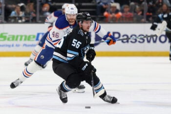 Apr 7, 2026; Salt Lake City, Utah, USA; Utah Mammoth right wing Kailer Yamamoto (56) skates with the puck against the Edmonton Oilers during the third period at Delta Center. Mandatory Credit: Rob Gray-Imagn Images