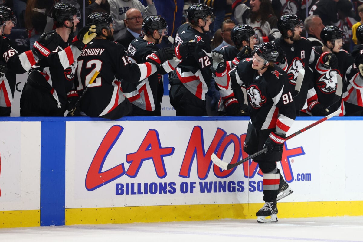 Apr 9, 2026; Buffalo, New York, USA; Buffalo Sabres right wing Josh Doan (91) celebrates his second goal of the game with teammates during the third period against the Columbus Blue Jackets at KeyBank Center. Mandatory Credit: Timothy T. Ludwig-Imagn Images