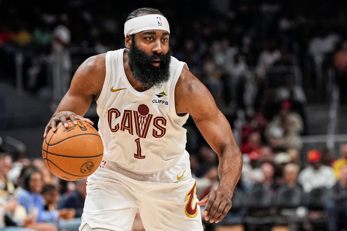 Apr 10, 2026; Atlanta, Georgia, USA; Cleveland Cavaliers guard James Harden (1) controls the ball against the Atlanta Hawks during the second half at State Farm Arena. Mandatory Credit: Dale Zanine-Imagn Images