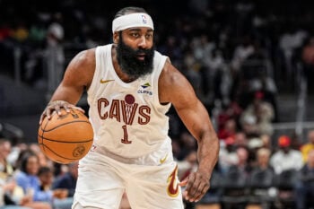 Apr 10, 2026; Atlanta, Georgia, USA; Cleveland Cavaliers guard James Harden (1) controls the ball against the Atlanta Hawks during the second half at State Farm Arena. Mandatory Credit: Dale Zanine-Imagn Images