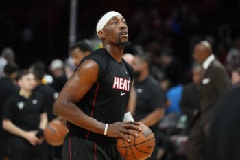 Apr 12, 2026; Miami, Florida, USA; Miami Heat center Bam Adebayo (13) warms-up before a game against the Atlanta Hawks at Kaseya Center. Mandatory Credit: Jim Rassol-Imagn Images