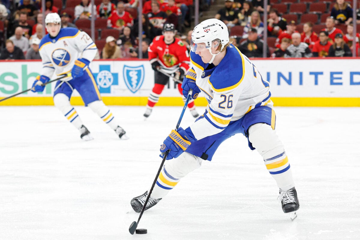 Apr 13, 2026; Chicago, Illinois, USA; Buffalo Sabres defenseman Rasmus Dahlin (26) controls the puck against the Chicago Blackhawks during the second period at United Center. Mandatory Credit: Kamil Krzaczynski-Imagn Images