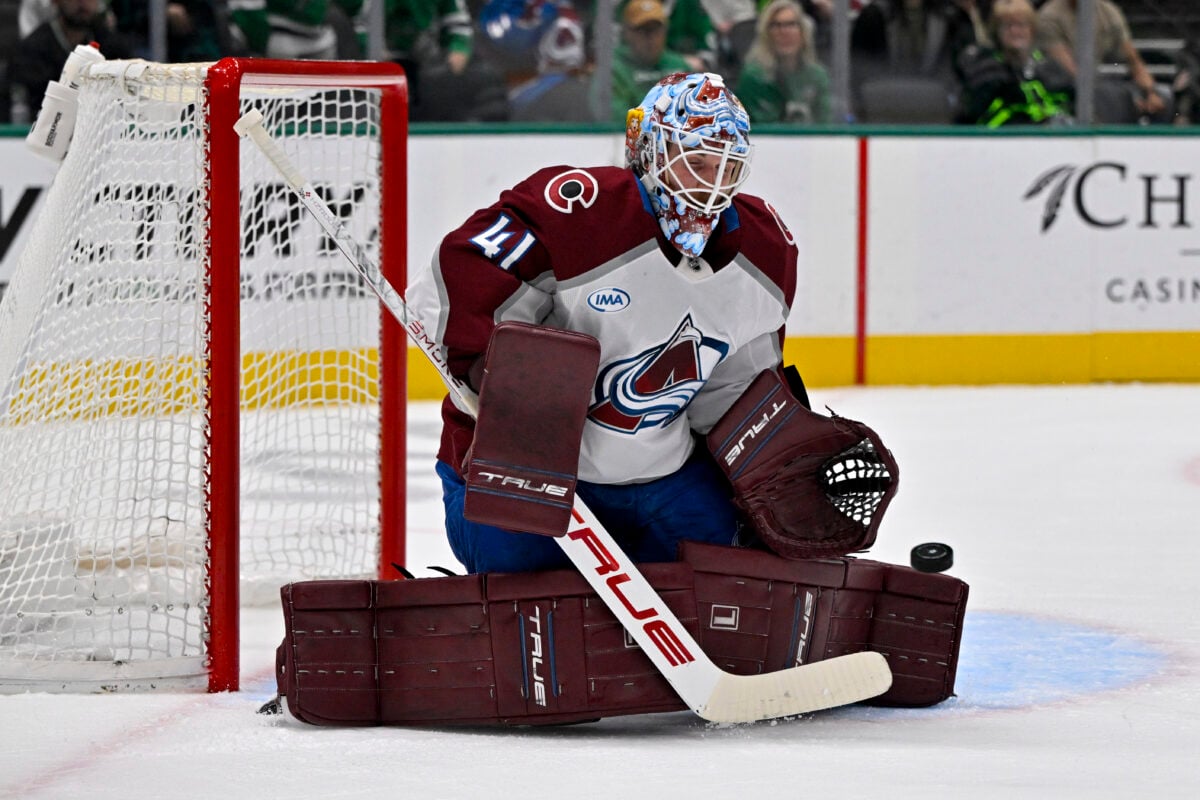 Apr 4, 2026; Dallas, Texas, USA; Colorado Avalanche goaltender Scott Wedgewood (41) faces the Dallas Stars attack during the game between the Stars and the Avalanche at American Airlines Center. Mandatory Credit: Jerome Miron-Imagn Images