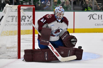 Apr 4, 2026; Dallas, Texas, USA; Colorado Avalanche goaltender Scott Wedgewood (41) faces the Dallas Stars attack during the game between the Stars and the Avalanche at American Airlines Center. Mandatory Credit: Jerome Miron-Imagn Images