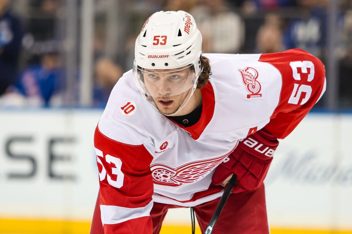 Apr 4, 2026; New York, New York, USA; Detroit Red Wings defenseman Moritz Seider (53) waits for a face-off against the Detroit Red Wings during the first period at Madison Square Garden. Mandatory Credit: Danny Wild-Imagn Images
