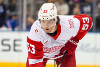Apr 4, 2026; New York, New York, USA; Detroit Red Wings defenseman Moritz Seider (53) waits for a face-off against the Detroit Red Wings during the first period at Madison Square Garden. Mandatory Credit: Danny Wild-Imagn Images