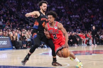 Apr 3, 2026; New York, New York, USA;  Chicago Bulls guard Collin Sexton (2) and New York Knicks guard Landry Shamet (44) at Madison Square Garden. Mandatory Credit: Wendell Cruz-Imagn Images