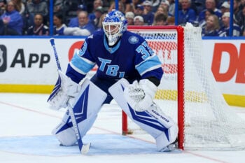 Apr 15, 2026; Tampa, Florida, USA; Tampa Bay Lightning goaltender Brandon Halverson (33) looks on against the New York Rangers in the second period at Benchmark International Arena. Mandatory Credit: Nathan Ray Seebeck-Imagn Images