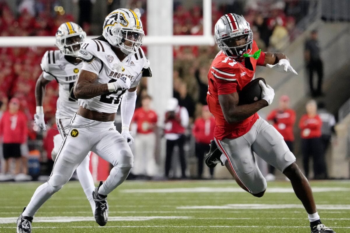 Sept. 7, 2024; Columbus, Ohio, USA;
Ohio State Buckeyes wide receiver Carnell Tate (17) is pursued by Western Michigan Broncos defensive back Josh Franklin (21) during the first half of an NCAA Division I football game on Saturday at Ohio Stadium.
