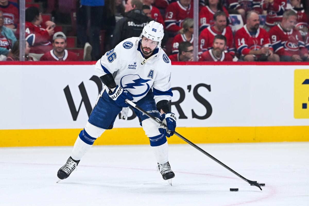Apr 26, 2026; Montreal, Quebec, CAN; Tampa Bay Lightning right wing Nikita Kucherov (86) plays with a puck during warm-up before the game against the Montreal Canadiens in game four of the first round of the 2026 Stanley Cup Playoffs at Bell Centre. Mandatory Credit: David Kirouac-Imagn Images