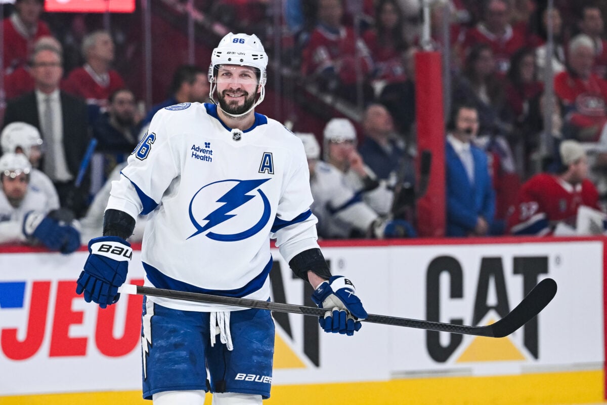 Apr 26, 2026; Montreal, Quebec, CAN; Tampa Bay Lightning right wing Nikita Kucherov (86) smirks against the Montreal Canadiens during the second period in game four of the first round of the 2026 Stanley Cup Playoffs at Bell Centre. Mandatory Credit: David Kirouac-Imagn Images