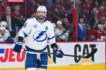 Apr 26, 2026; Montreal, Quebec, CAN; Tampa Bay Lightning right wing Nikita Kucherov (86) smirks against the Montreal Canadiens during the second period in game four of the first round of the 2026 Stanley Cup Playoffs at Bell Centre. Mandatory Credit: David Kirouac-Imagn Images