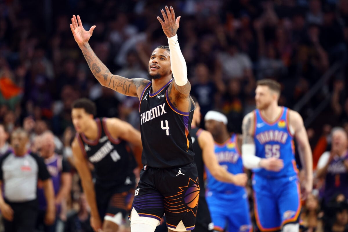 Apr 27, 2026; Phoenix, Arizona, USA; Phoenix Suns guard Jalen Green (4) against the Oklahoma City Thunder during game four of the first round of the 2026 NBA Playoffs at Mortgage Matchup Center. Mandatory Credit: Mark J. Rebilas-Imagn Images