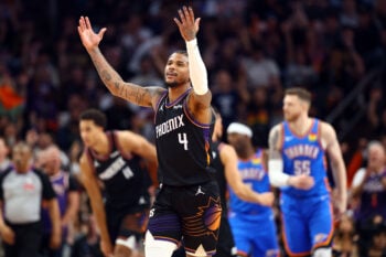 Apr 27, 2026; Phoenix, Arizona, USA; Phoenix Suns guard Jalen Green (4) against the Oklahoma City Thunder during game four of the first round of the 2026 NBA Playoffs at Mortgage Matchup Center. Mandatory Credit: Mark J. Rebilas-Imagn Images