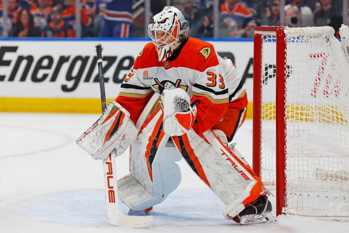 Apr 28, 2026; Edmonton, Alberta, CAN; Anaheim Ducks goaltender Ville Husso (33) looks for a loose puck against the Edmonton Oilers in game five of the first round of the 2026 Stanley Cup Playoffs at Rogers Place. Mandatory Credit: Perry Nelson-Imagn Images