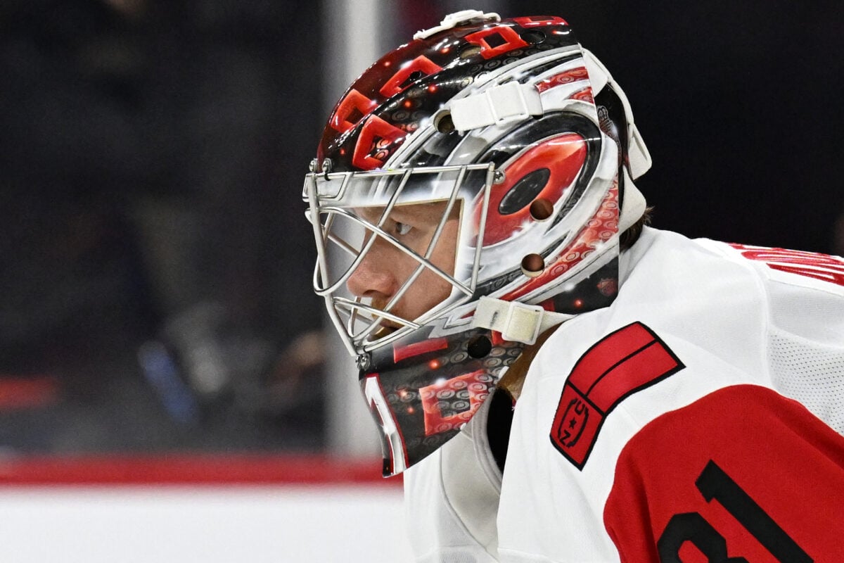 May 7, 2026; Philadelphia, Pennsylvania, USA;  Carolina Hurricanes goaltender Frederik Andersen (31) against the Philadelphia Flyers in game three of the second round of the 2026 Stanley Cup Playoffs at Xfinity Mobile Arena. Mandatory Credit: Eric Hartline-Imagn Images