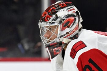 May 7, 2026; Philadelphia, Pennsylvania, USA;  Carolina Hurricanes goaltender Frederik Andersen (31) against the Philadelphia Flyers in game three of the second round of the 2026 Stanley Cup Playoffs at Xfinity Mobile Arena. Mandatory Credit: Eric Hartline-Imagn Images